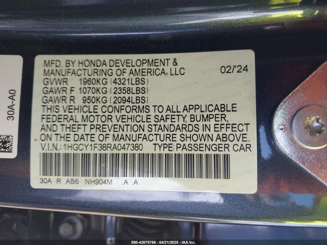 1HGCY1F38RA047380 Honda ACCORD EX