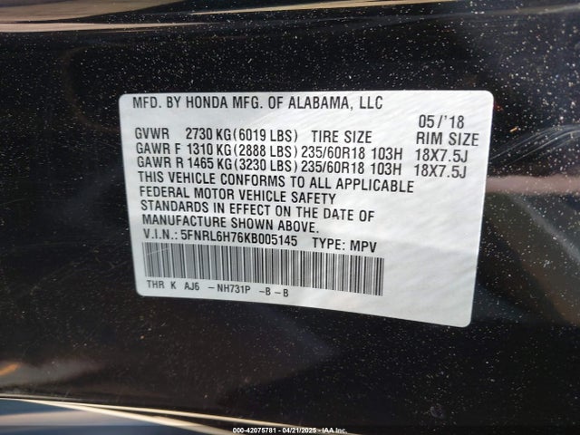 5FNRL6H76KB005145 Honda Odyssey Ex-l