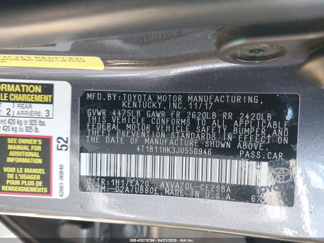 4T1B11HK3JU550946 Toyota CAMRY SE