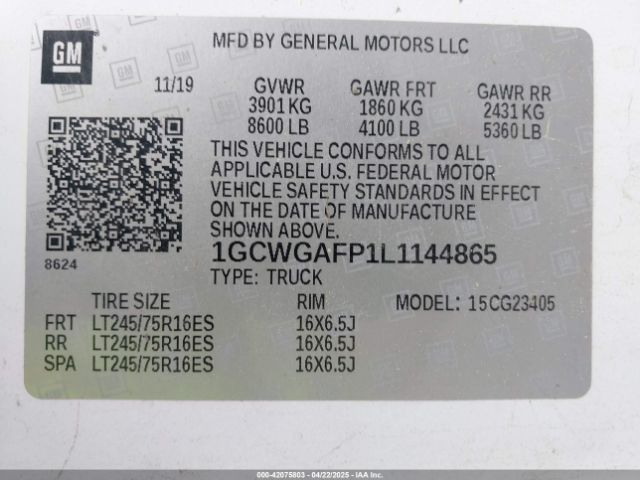 1GCWGAFP1L1144865 Chevrolet Express Cargo Rwd 2500 Regular Wheelbase Wt