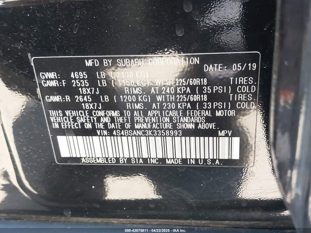 4S4BSANC3K3358993 Subaru Outback 2.5i Limited
