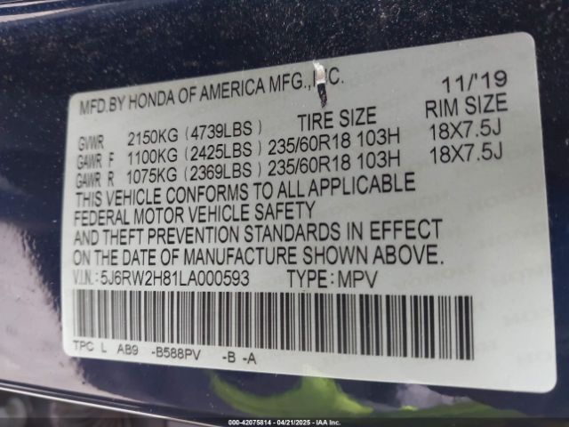 5J6RW2H81LA000593 Honda Cr-v Awd Ex-l