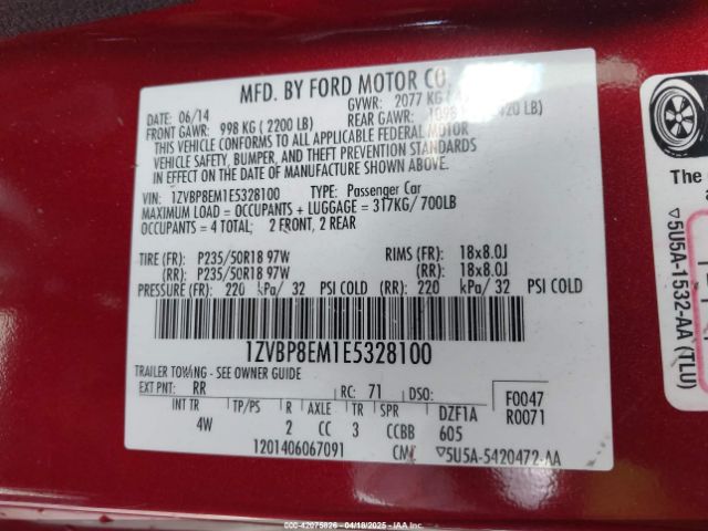 1ZVBP8EM1E5328100 Ford Mustang V6 Premium