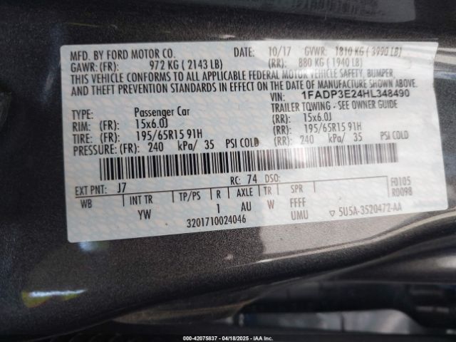 1FADP3E24HL348490 Ford FOCUS S