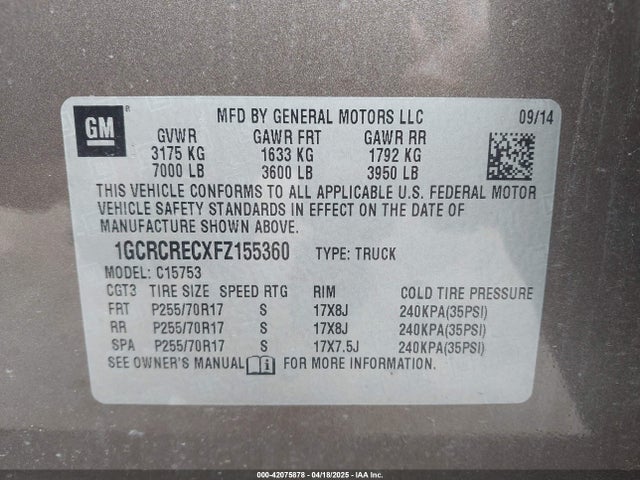1GCRCRECXFZ155360 Chevrolet Silverado 1500 1lt