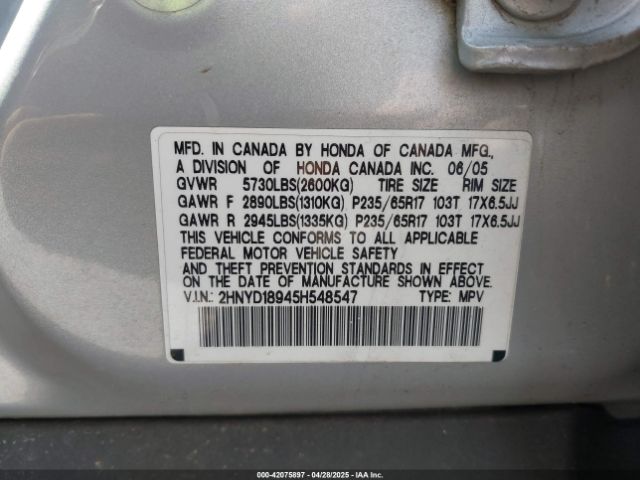 2005 ACURA MDX 2HNYD18945H548547 Photo 8