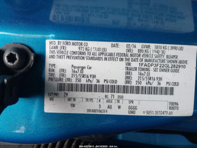 1FADP3F22GL282910 Ford FOCUS SE