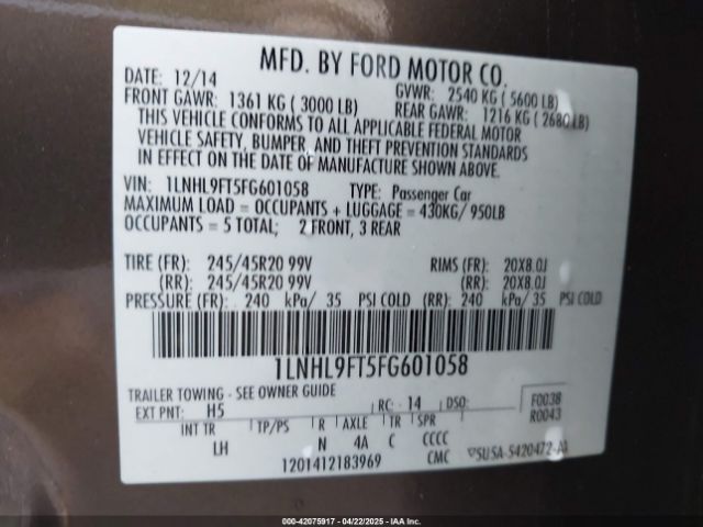 1LNHL9FT5FG601058 Lincoln Mks Ecoboost