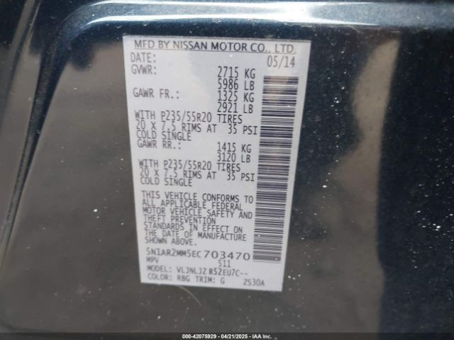 5N1AR2MM5EC703470 Nissan Pathfinder Platinum