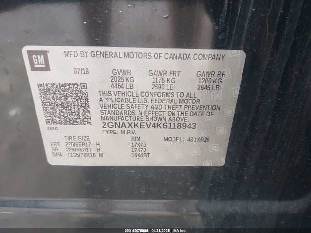 2GNAXKEV4K6118943 Chevrolet EQUINOX LT