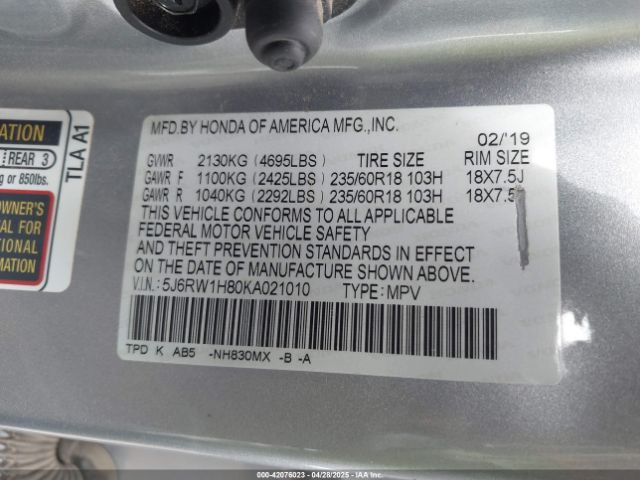 5J6RW1H80KA021010 Honda Cr-v Ex-l