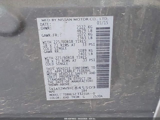 5N1AT2MV9FC845509 Nissan Rogue Sl