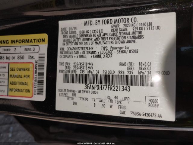 3FA6P0H77FR221343 Ford FUSION SE