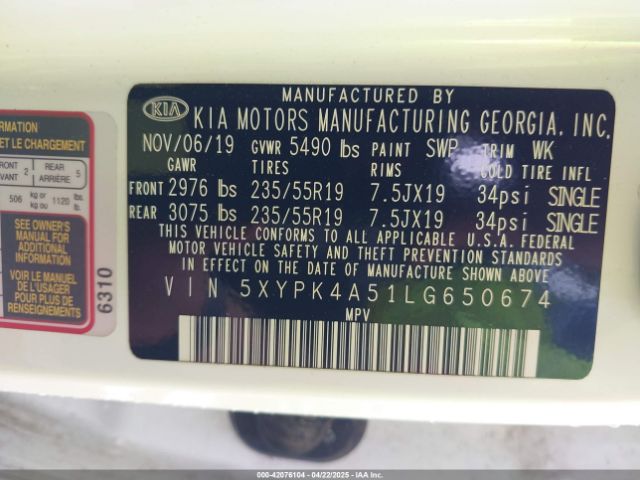 5XYPK4A51LG650674 KIA Sorento 3.3l Sx