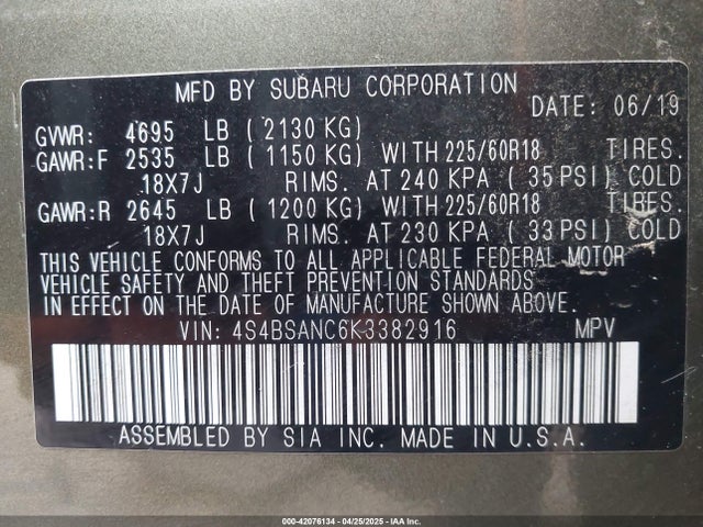 4S4BSANC6K3382916 Subaru Outback 2.5i Limited