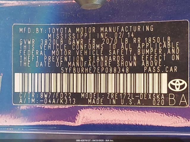 5YFBURHE7EP088348 Toyota Corolla S Plus
