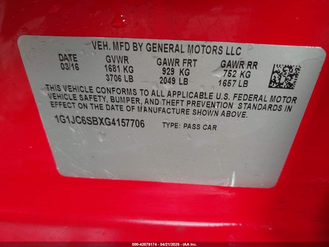 1G1JC6SBXG4157706 Chevrolet luv - vvt, alum, e85 max