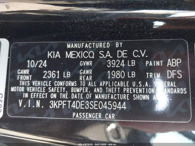 3KPFT4DE3SE045944 KIA K4 Lxs