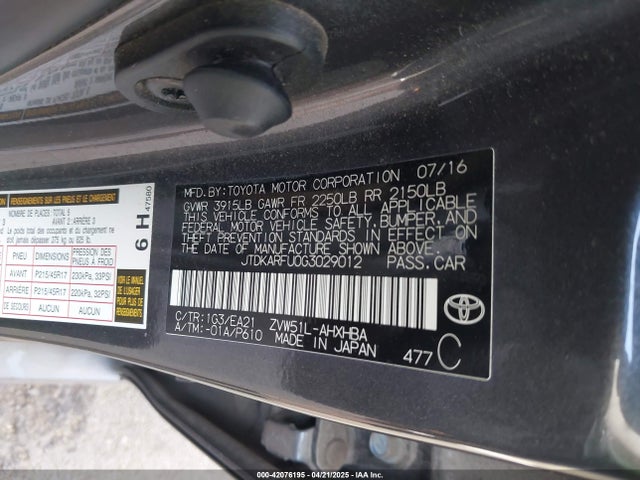 JTDKARFU0G3029012 Toyota 2zr-fxe,1nm
