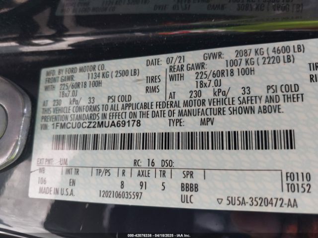 1FMCU0CZ2MUA69178 Ford Escape Sel Hybrid