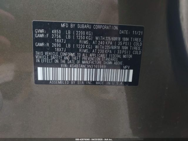 4S4BTANC9N3165989 Subaru Outback Limited