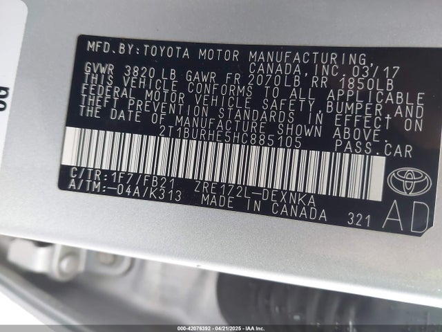 2T1BURHE5HC885105 Toyota COROLLA LE