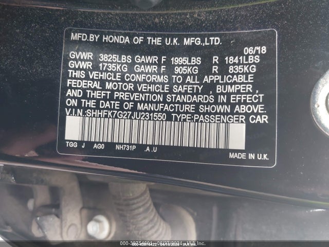 2018 Honda Civic Lx მანქანა იყიდება აუქციონზე, vin: SHHFK7G27JU231550, აუქციონის ნომერი: 42076422