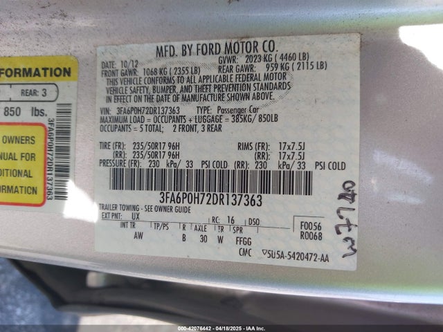 Продажа на аукционе авто 2013 Ford Fusion Se, vin: 3FA6P0H72DR137363, номер лота: 42076442