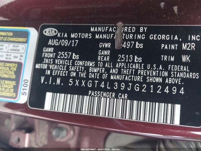 5XXGT4L39JG212494 KIA Optima Lx