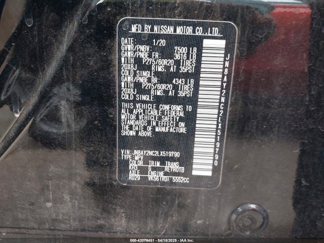 JN8AY2NC2LX519790 Nissan Armada Sl 4wd