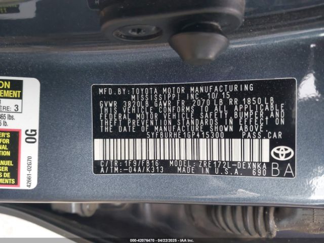 5YFBURHE1GP415300 Toyota Corolla Le Plus