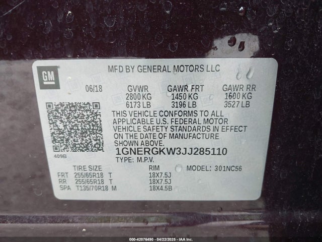 1GNERGKW3JJ285110 Chevrolet Traverse 1lt
