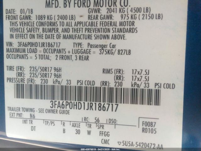 3FA6P0HD1JR186717 Ford FUSION SE