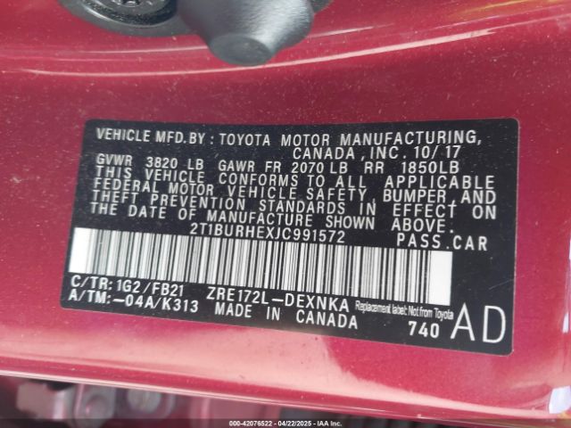 2T1BURHEXJC991572 Toyota 2zr-fe