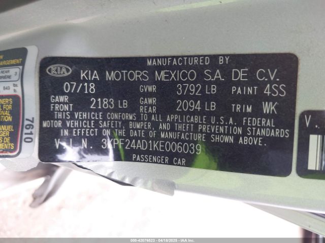 3KPF24AD1KE006039 KIA Forte Lxs