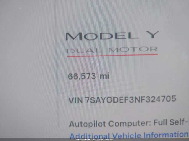 7SAYGDEF3NF324705 Tesla Model Y Performance Dual Motor All-wheel Drive