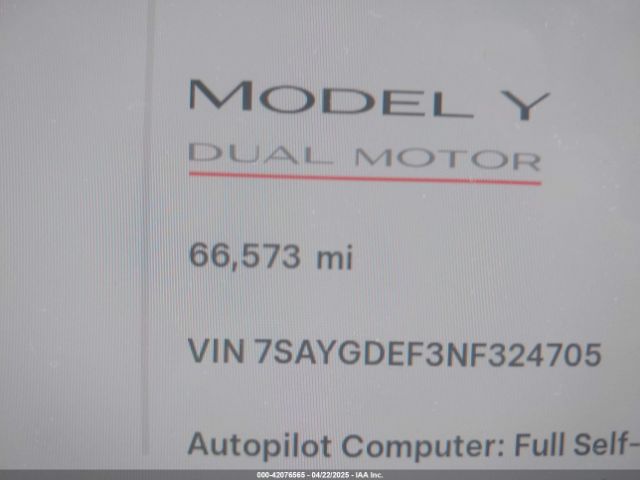 7SAYGDEF3NF324705 Tesla Model Y Performance Dual Motor All-wheel Drive