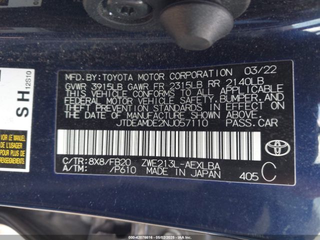 JTDEAMDE2NJ057110 Toyota Corolla Hybrid Le