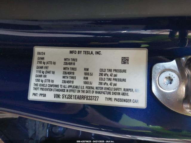 5YJ3E1EA8RF833727 Tesla MODEL 3