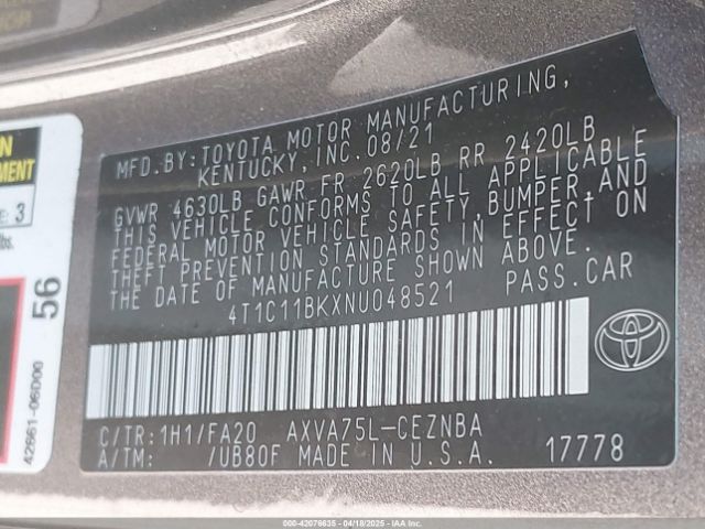 4T1C11BKXNU048521 Toyota a25a-fks