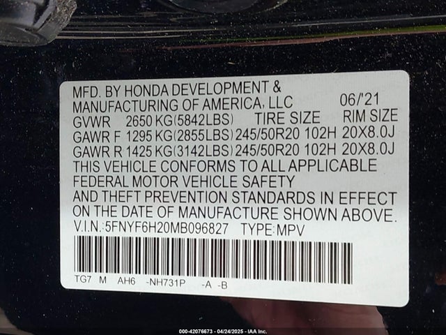 5FNYF6H20MB096827 Honda Pilot Awd Special Edition
