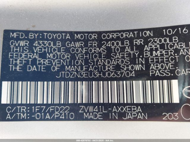 JTDZN3EU3HJ063704 Toyota Prius V Three