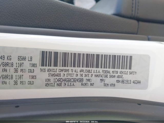 1C4RDHAG6KC824589 Dodge Durango Sxt Rwd