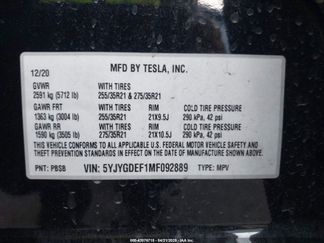 5YJYGDEF1MF092889 Tesla Model Y Performance Dual Motor All-wheel Drive