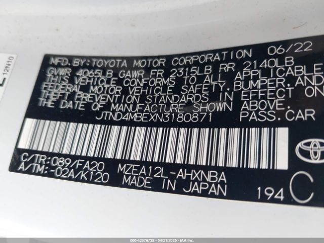 JTND4MBEXN3180871 Toyota COROLLA SE
