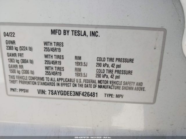 7SAYGDEE3NF426481 Tesla Model Y Long Range Dual Motor All-wheel Drive