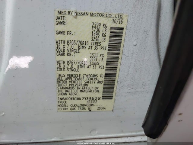 1N6AD0ER1HN709628 Nissan Frontier Sv