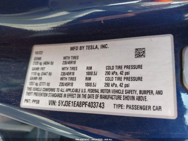 5YJ3E1EA8PF403743 Tesla MODEL 3