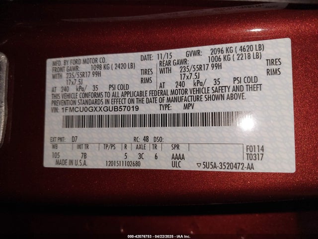 1FMCU0GXXGUB57019 Ford ESCAPE SE