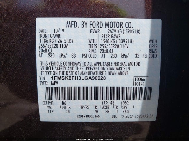 1FMSK8FH3LGA90928 Ford Explorer Limited